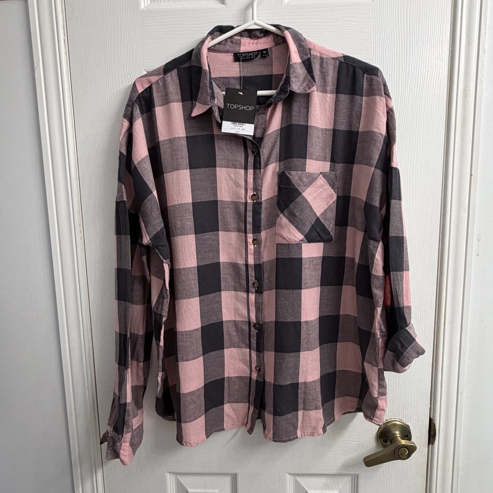 Topshop Pink Black Plaid Button Down Shirt Women's US 8 UK 12 NWT Grunge Preppy